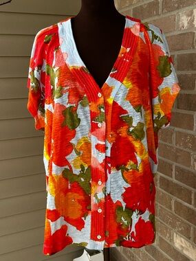 JOIE s2X bright floral top-looks NEW-linen/lyocell bld-v-neck-Henley style-ltwt